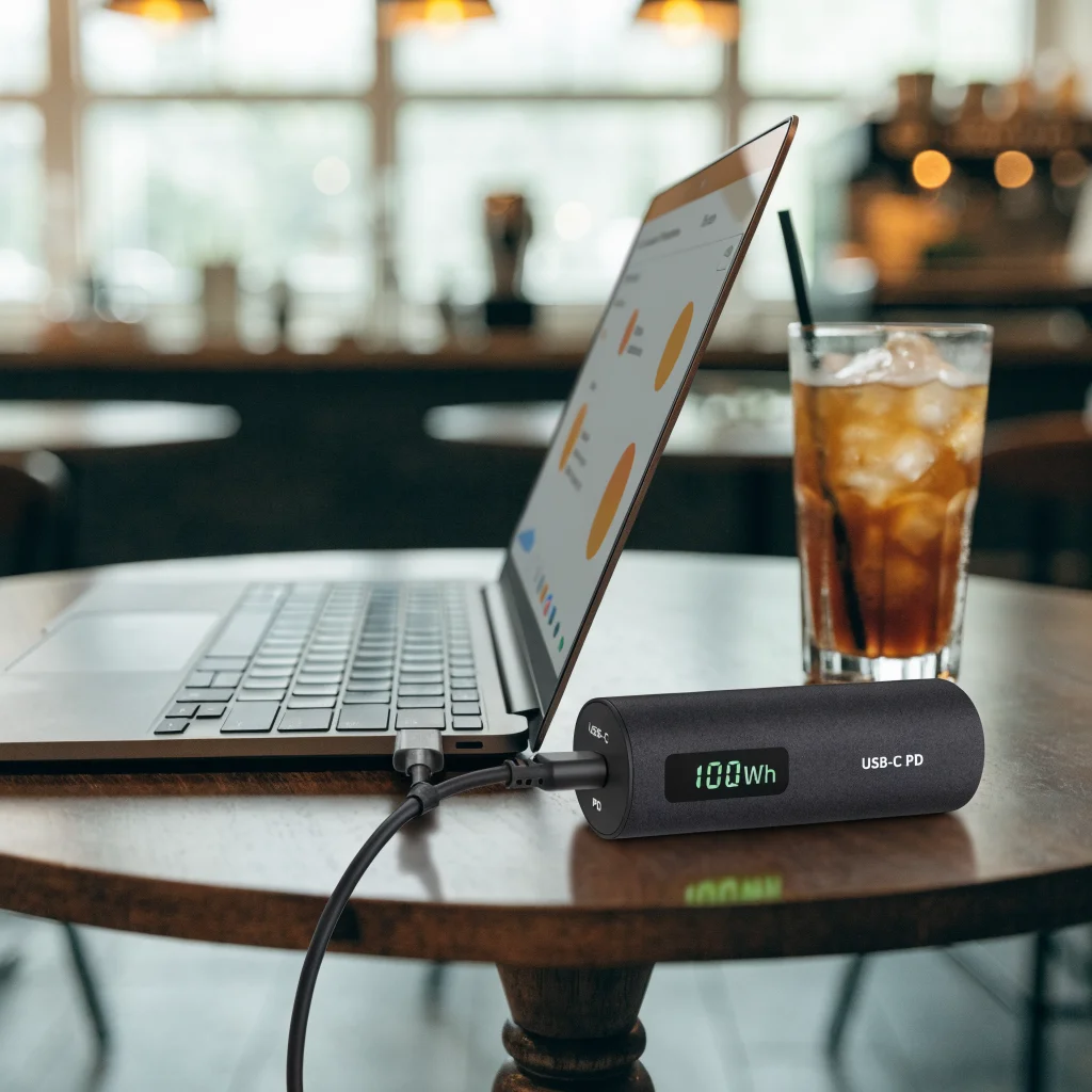 A realistic photo of a laptop being charged by a 100Wh USB-C PD power bank, demonstrating portable charging efficiency.
