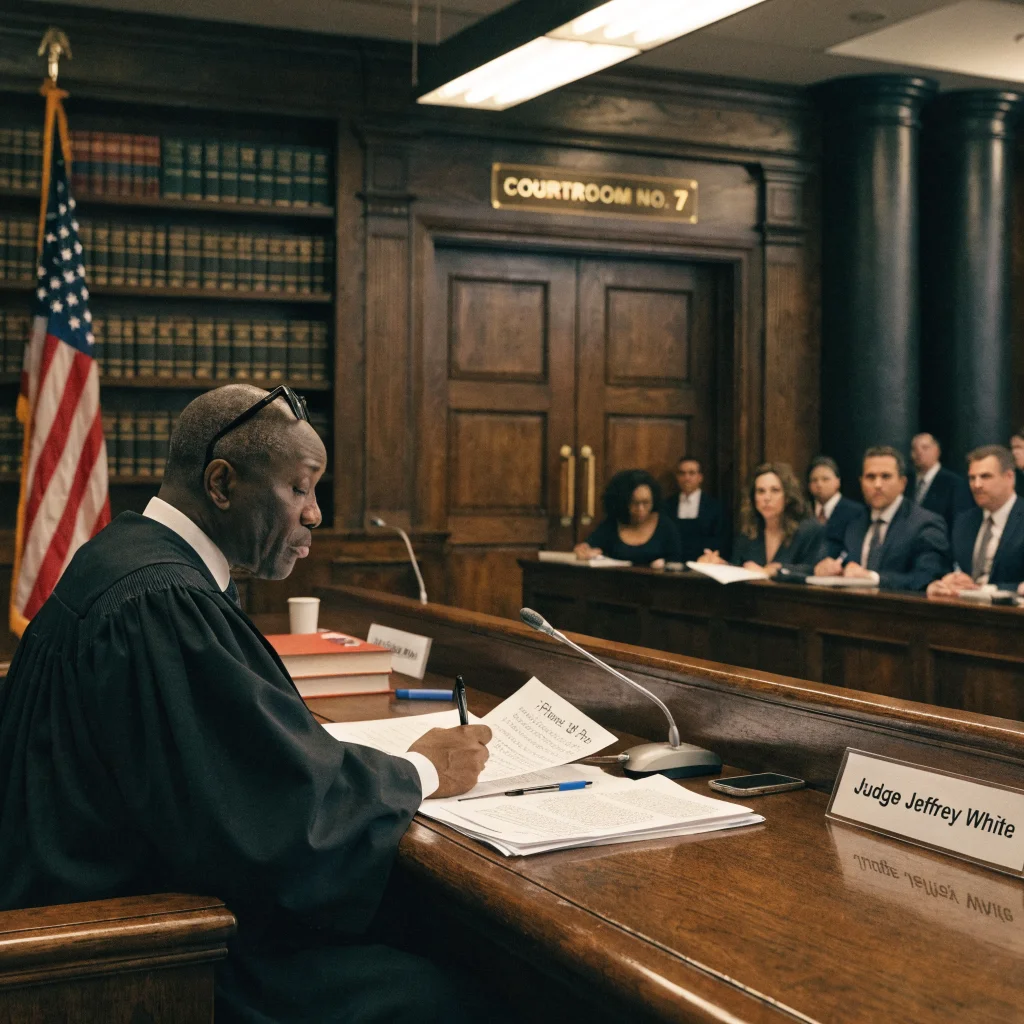 Realistic photo of a courtroom scene with Judge Jeffrey White presiding over a case involving banks suing Apple Pay fees and NFC chip access on iPhone 18 Pro.