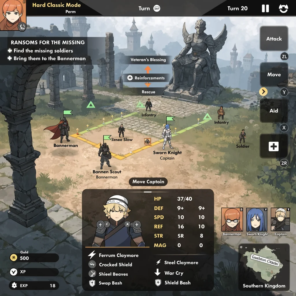 A detailed screenshot of Fire Emblem Fortune's Weave gameplay on Nintendo Switch showing strategic RPG elements without Flame Lords in hard classic mode with permadeath enabled.