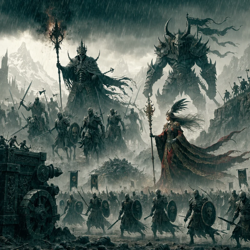 A dramatic battle scene in Warhammer Fantasy featuring the Lords of the End Times, including Nagash, Fay Enchantress, and Archaon during the Chaos invasion.