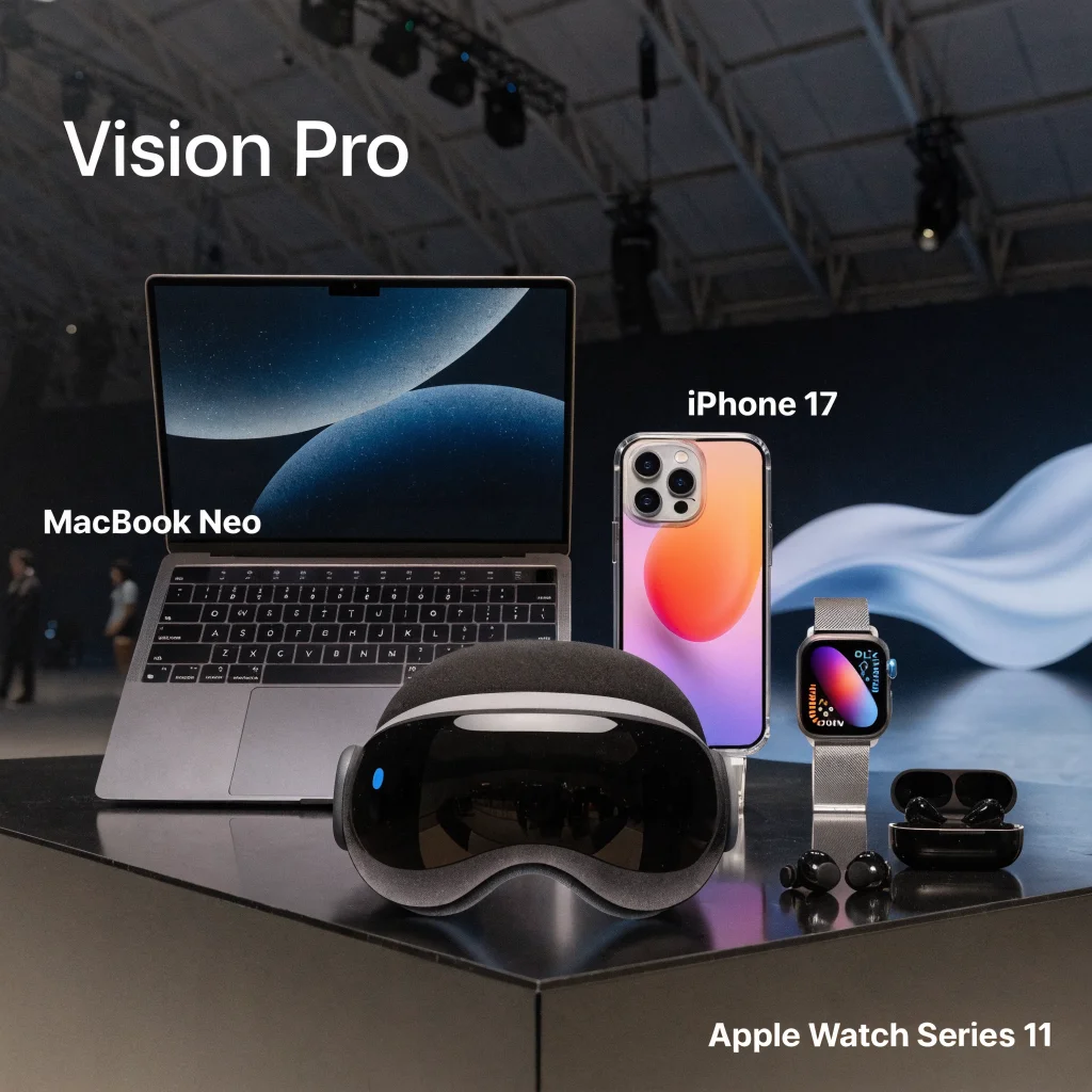 A realistic photo of Apple's latest smart glasses, Vision Pro headset, MacBook Neo, iPhone 17, Apple Watch Series 11, and AirPods Pro showcased at an Apple launch event.