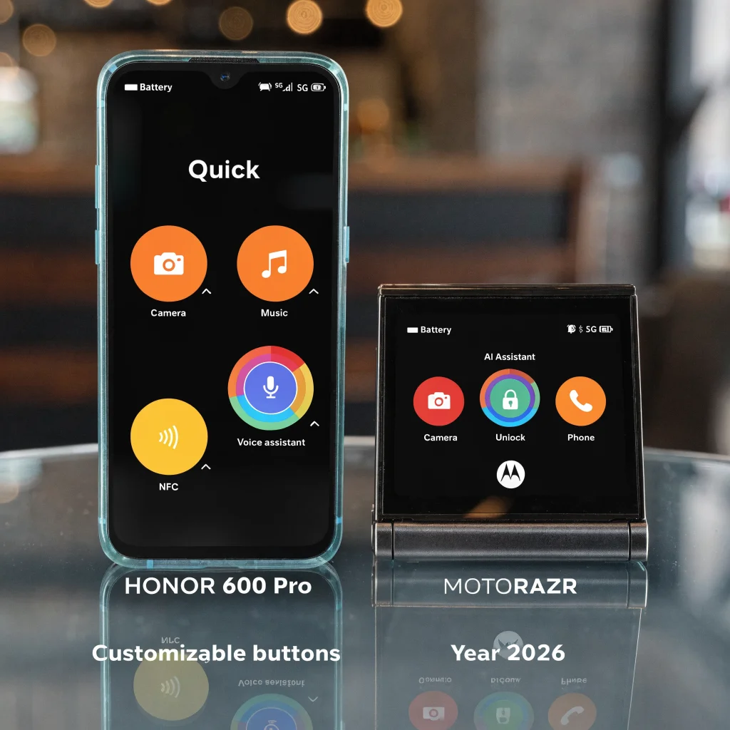 A close-up photo of an HONOR 600 Pro smartphone and Motorola Razr showcasing customizable Android buttons and quick-access app functions in 2026.