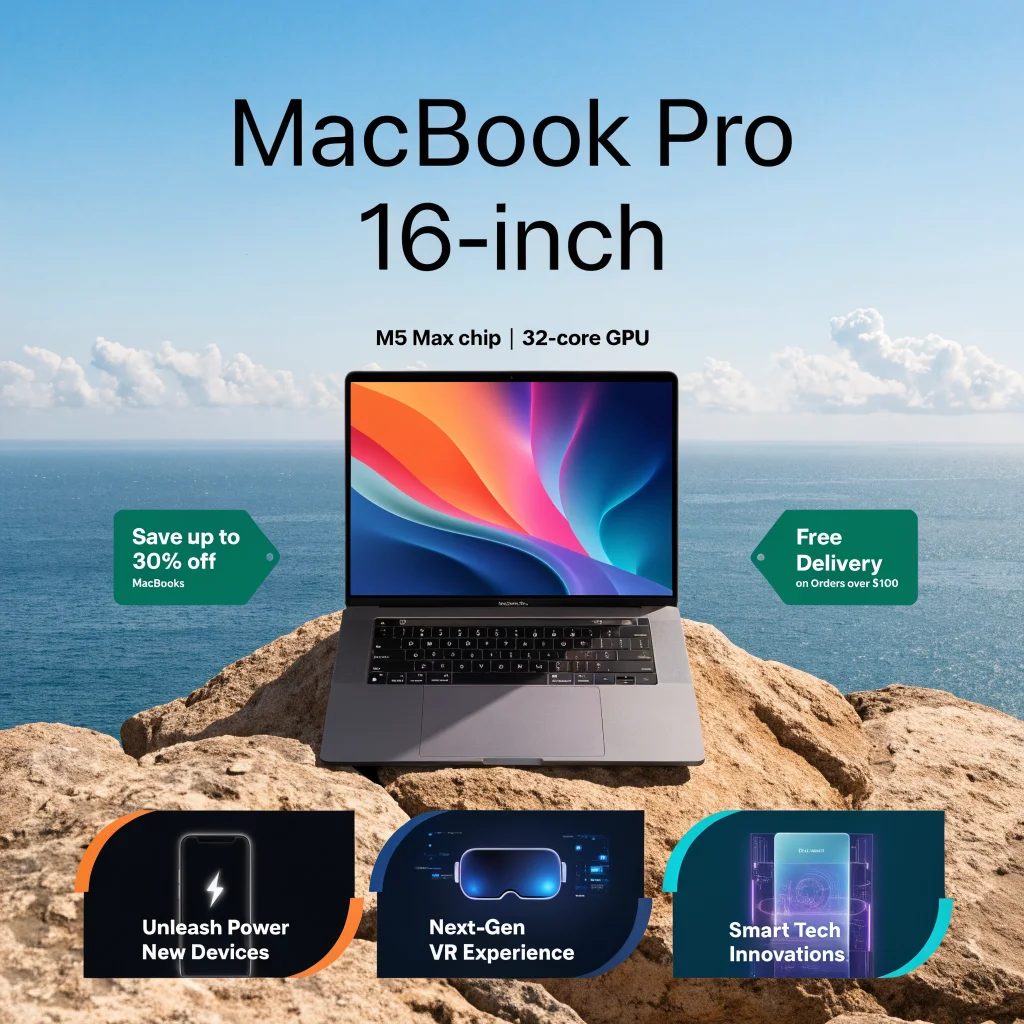 A sleek Apple MacBook Pro 16-inch with M5 Max chip and 32-core GPU displayed alongside Amazon discount tags and futuristic Apple devices promotional banners.