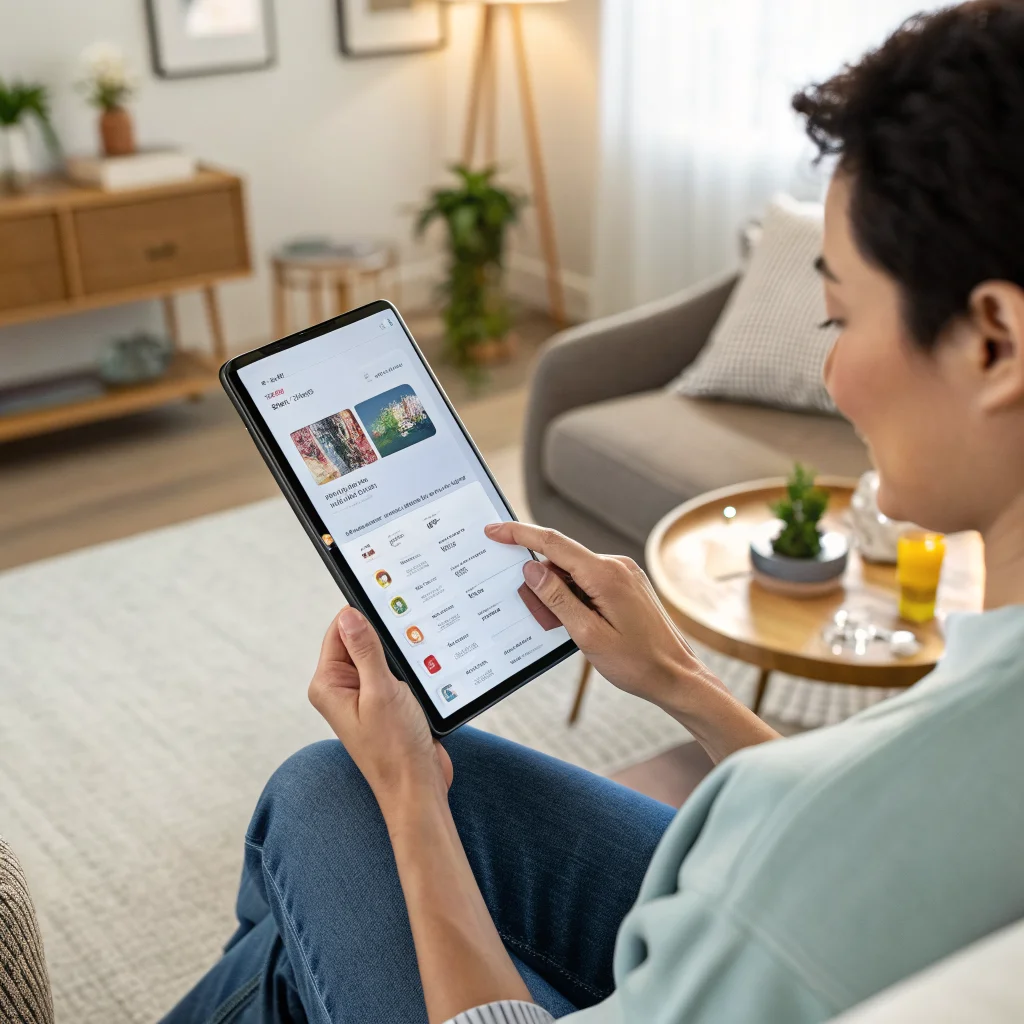 A person using the Samsung Galaxy Z Fold 8 one-handed with the Quick Cursor app on a large Android screen in a cozy home setting.