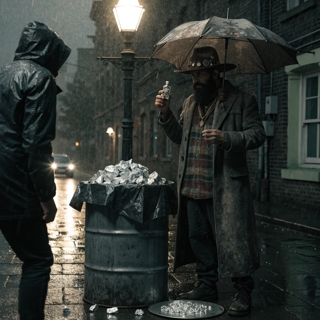 A realistic photo of a silver merchant named Svartrau selling illegal silver in Neustadt District during the RPG survival quest Into the Den in Vale Sangora.