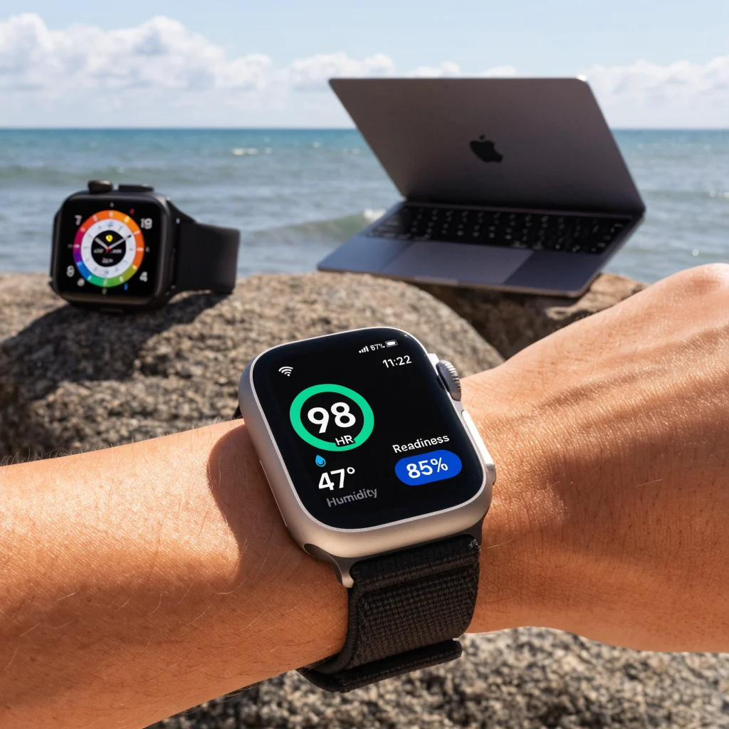 A realistic photo of an Apple Watch Series 11 displaying health metrics and readiness score on the screen, with an Apple Watch Ultra 3 and MacBook Pro 2026 in the background.