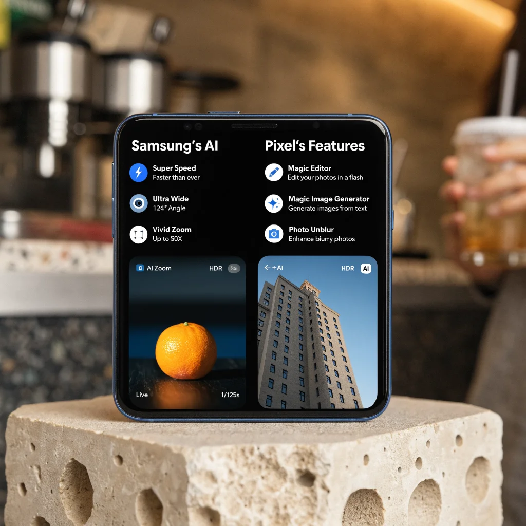 Realistic photo of a Samsung smartphone showcasing exclusive Android features and innovative Google Pixel functions side by side on its screen.