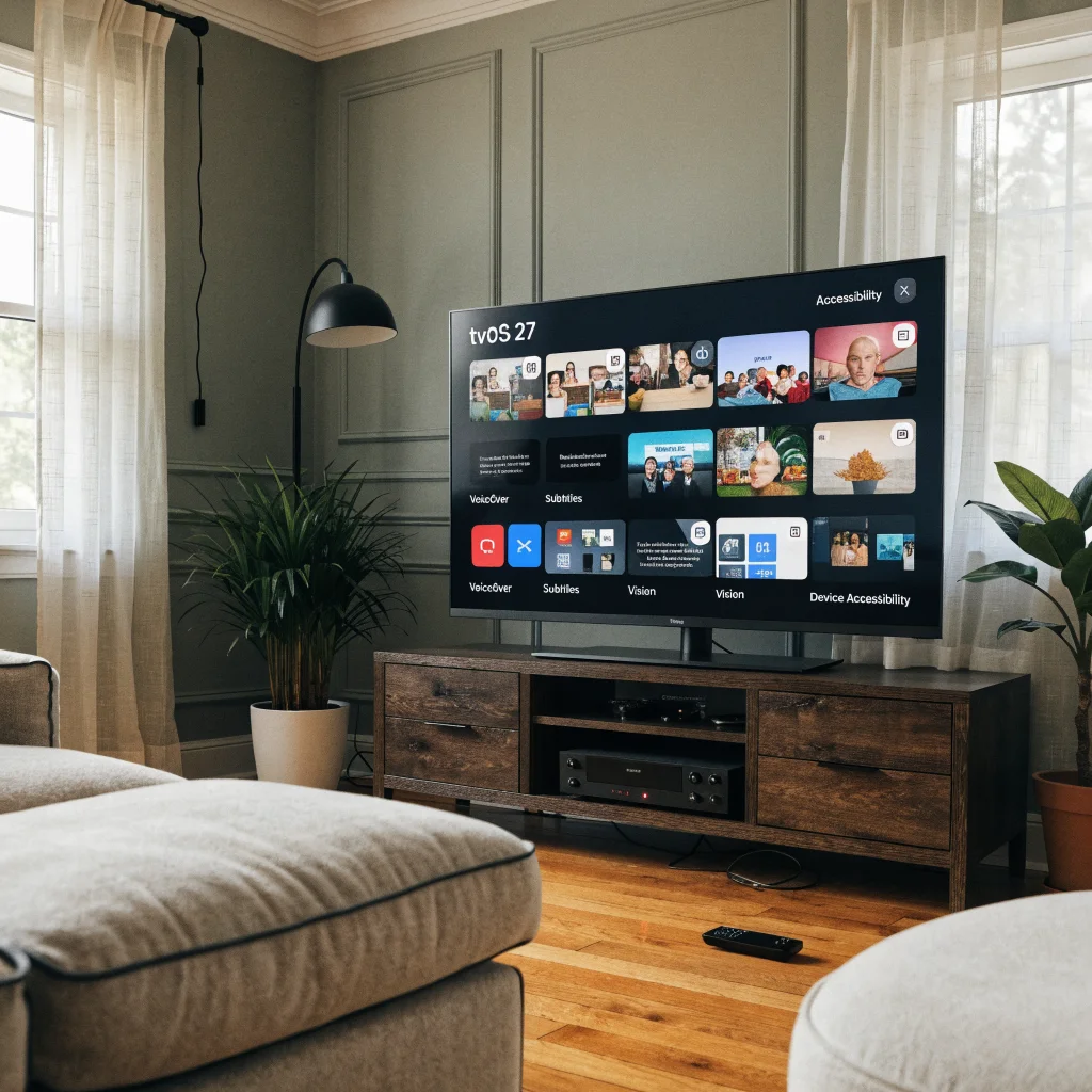 Realistic photo of an Apple TV 4K 2nd generation setup displaying tvOS 27 interface with accessibility features on a modern living room TV.