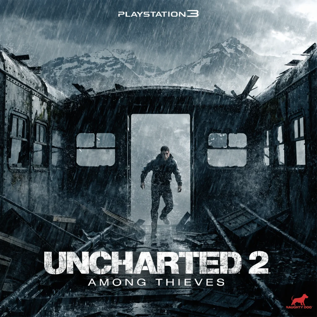 A realistic photo of a PS3 game cover featuring Nathan Drake from Uncharted 2, showing action and adventure with a train scene and cinematic 3D graphics.