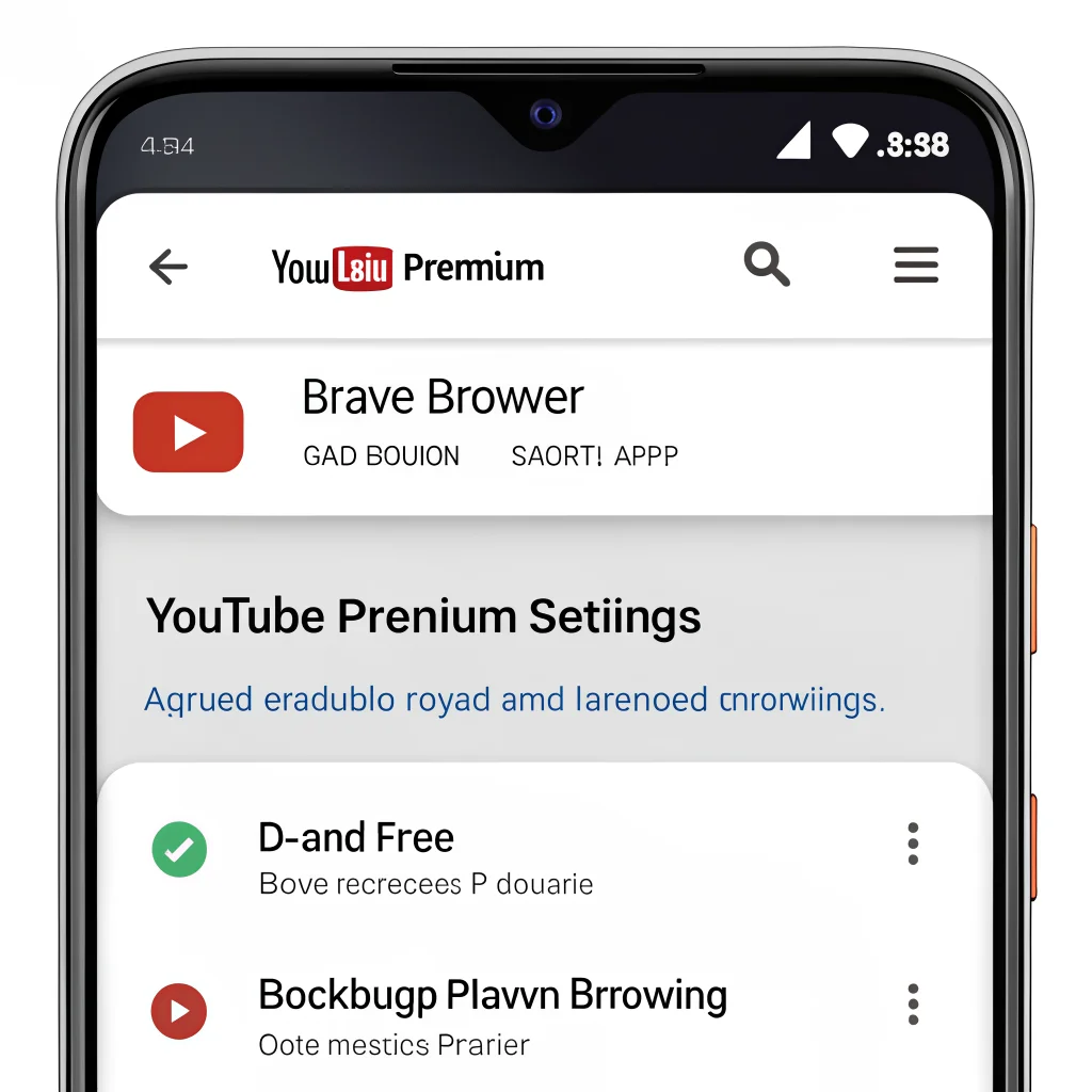 A user customizing YouTube Premium settings on an Android device with Brave browser for ad-free, background playback and blocking Shorts.