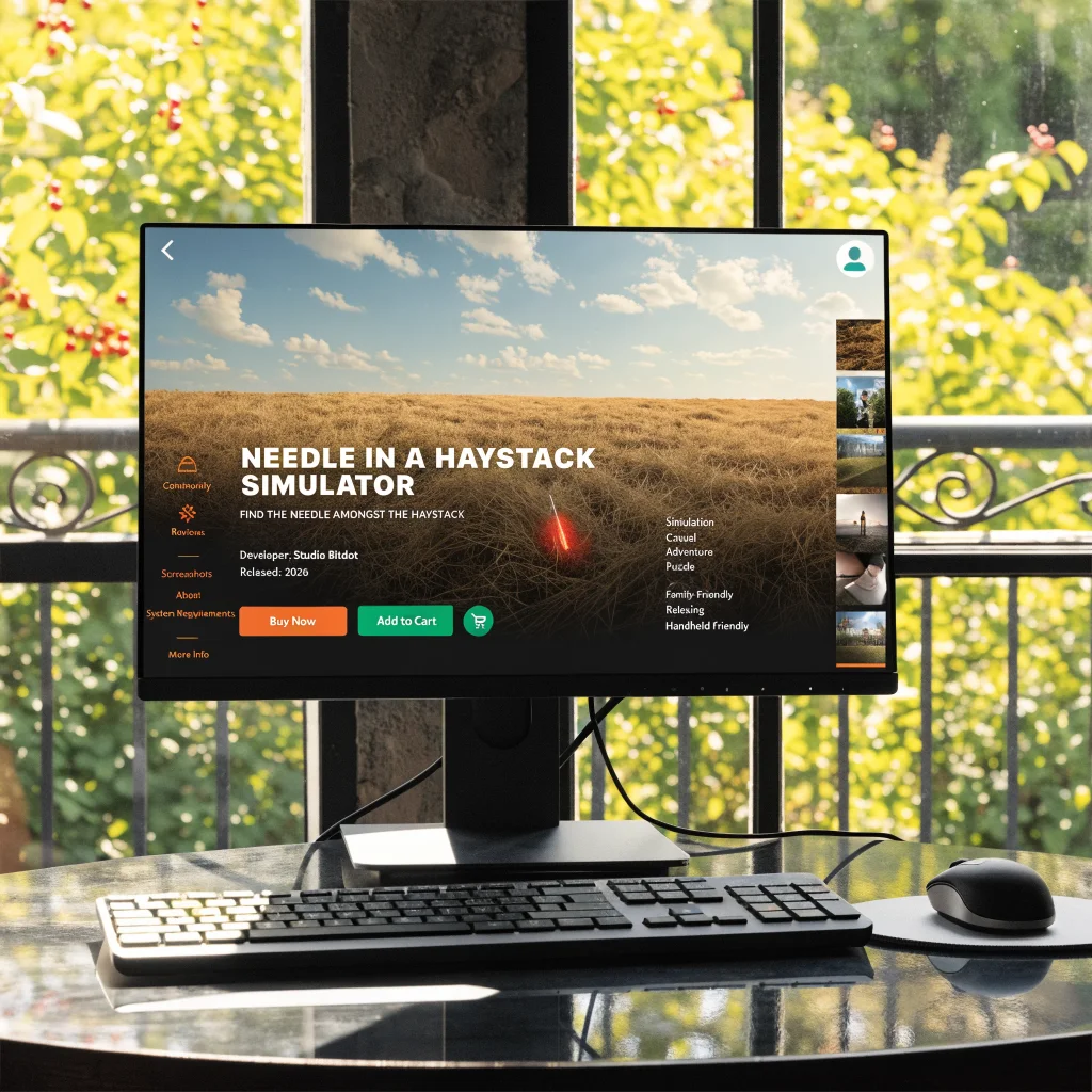 A realistic photo of a computer screen showing Steam's Needle In A Haystack Simulator game page by Studio Bitdot in 2026.
