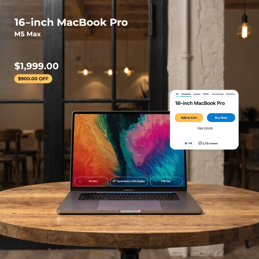 A realistic photo of a MacBook Pro 16-inch M5 Max with highlighted specs and a $900 discount tag against an Amazon shopping background.