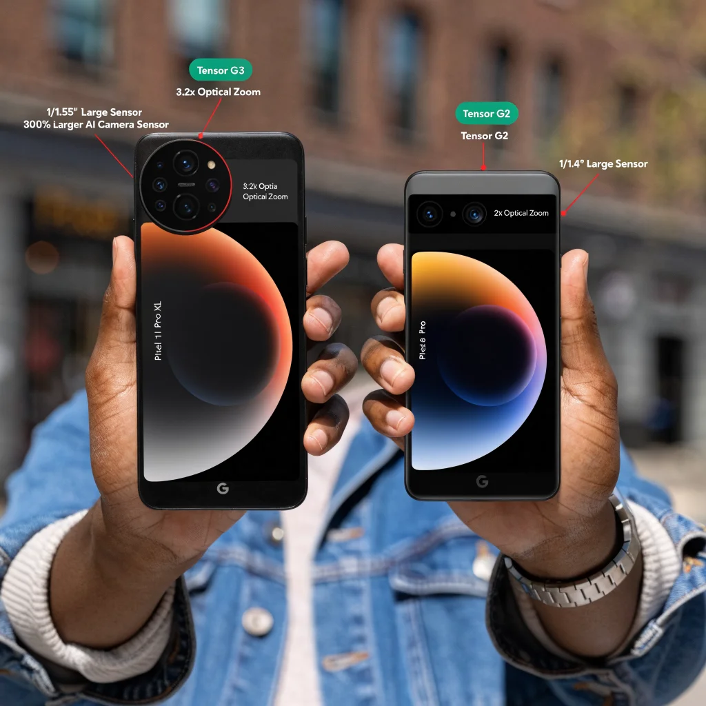 A side-by-side comparison photo of Google Pixel 11 Pro XL and Pixel 8 Pro highlighting Tensor chip performance improvements and design evolution.