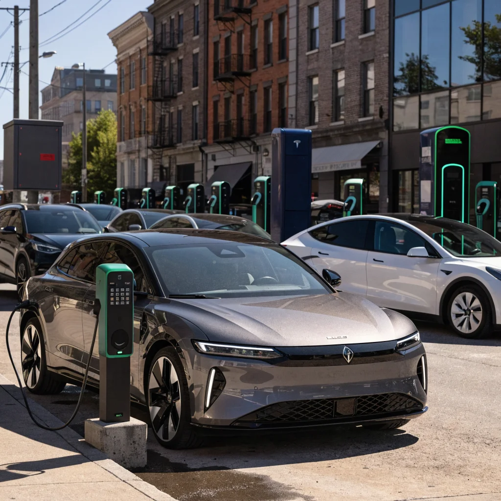 Realistic photo of various electric vehicle chargers including Level 1, Level 2, Level 3, AC and DC types charging Lucid Gravity and Tesla Model Y cars.