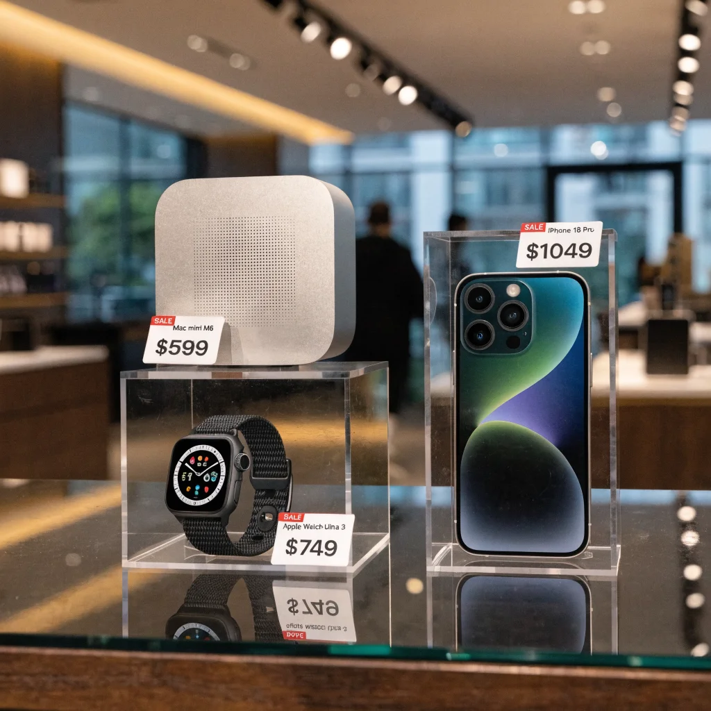 A sleek black Apple Watch Ultra 3 with Milanese loop displayed alongside Mac mini M6 and iPhone 18 Pro with sale tags in a modern retail setting.