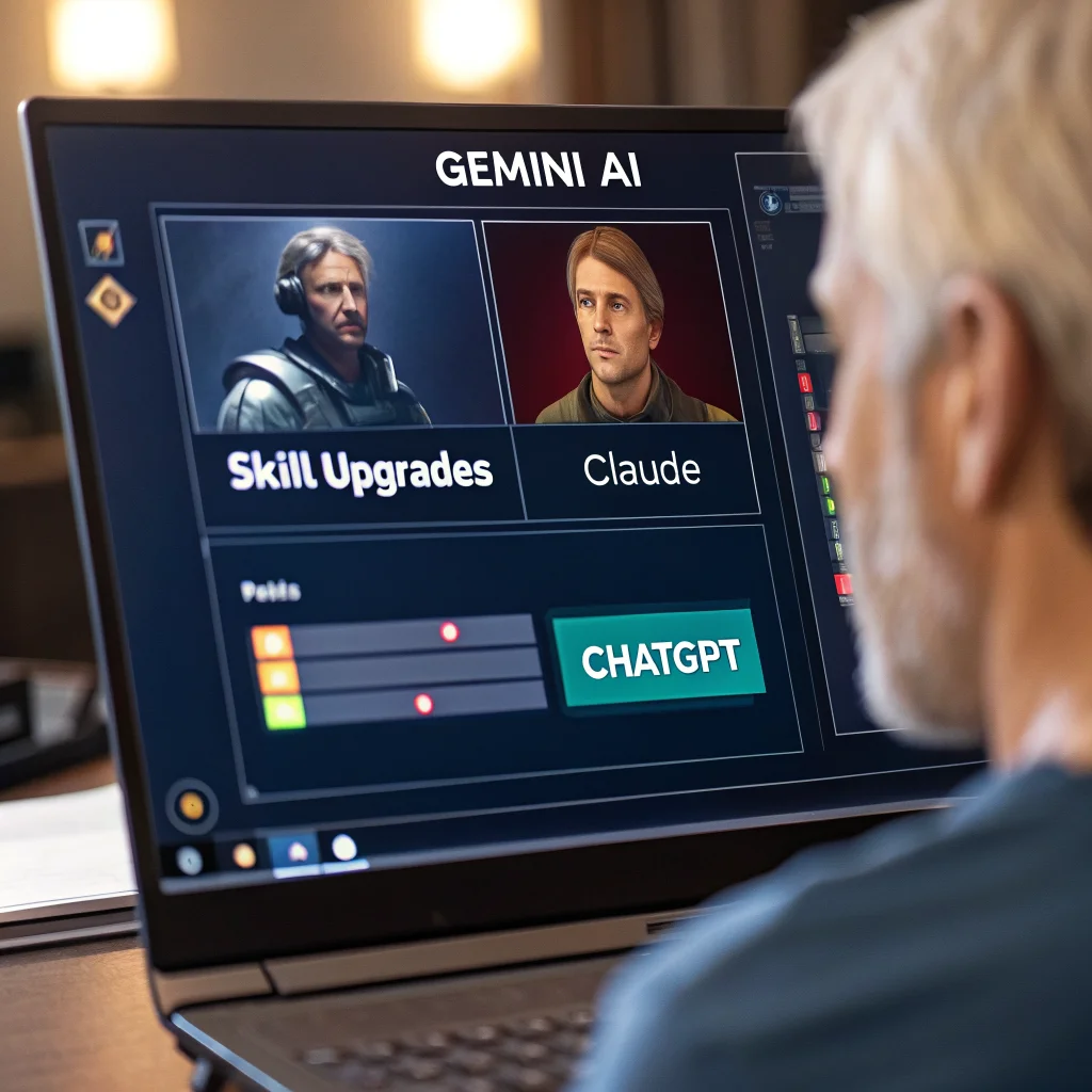 A realistic photo of a computer screen displaying the Gemini AI interface with skill upgrades and comparisons between Gemini 4, Claude, and ChatGPT.