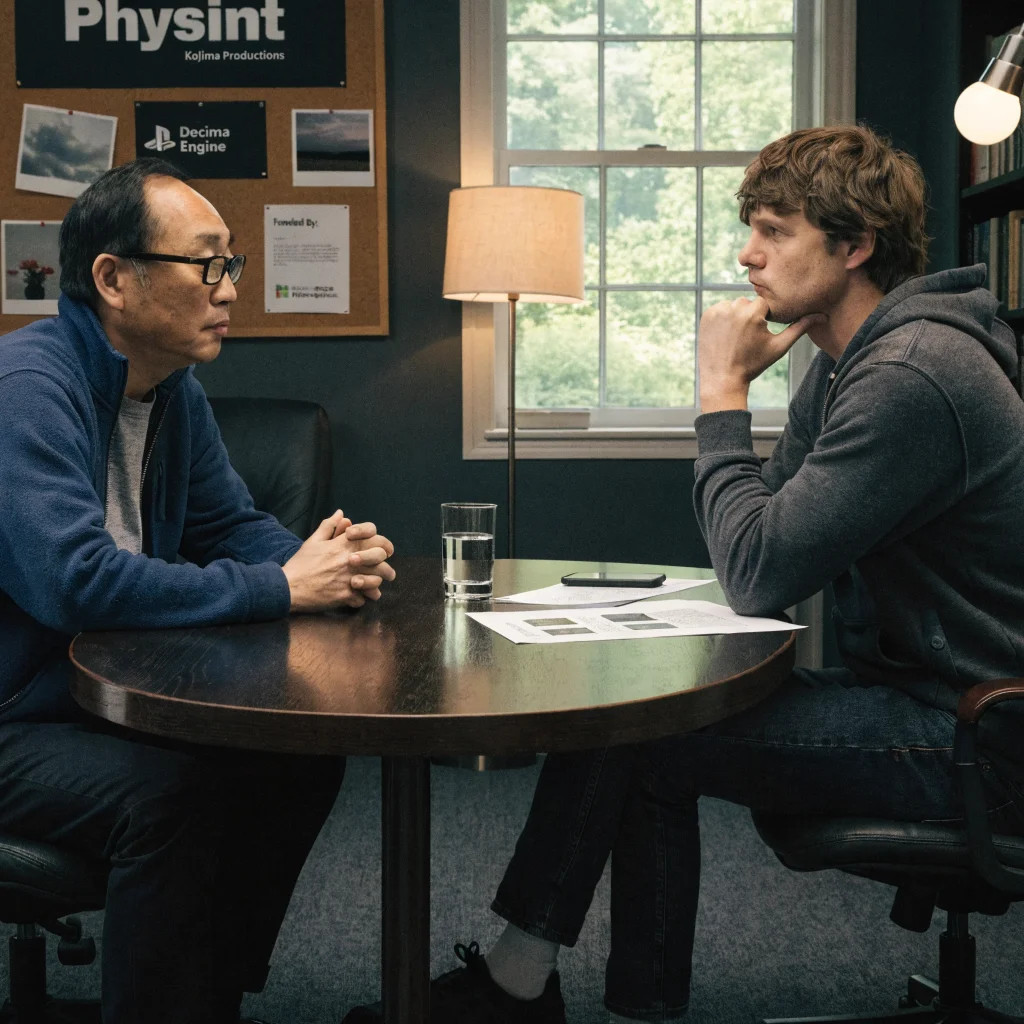 Hideo Kojima and Bill Skarsgård discuss a new Physint game developed by Kojima Productions using Decima Engine, funded by Microsoft Xbox and PlayStation.