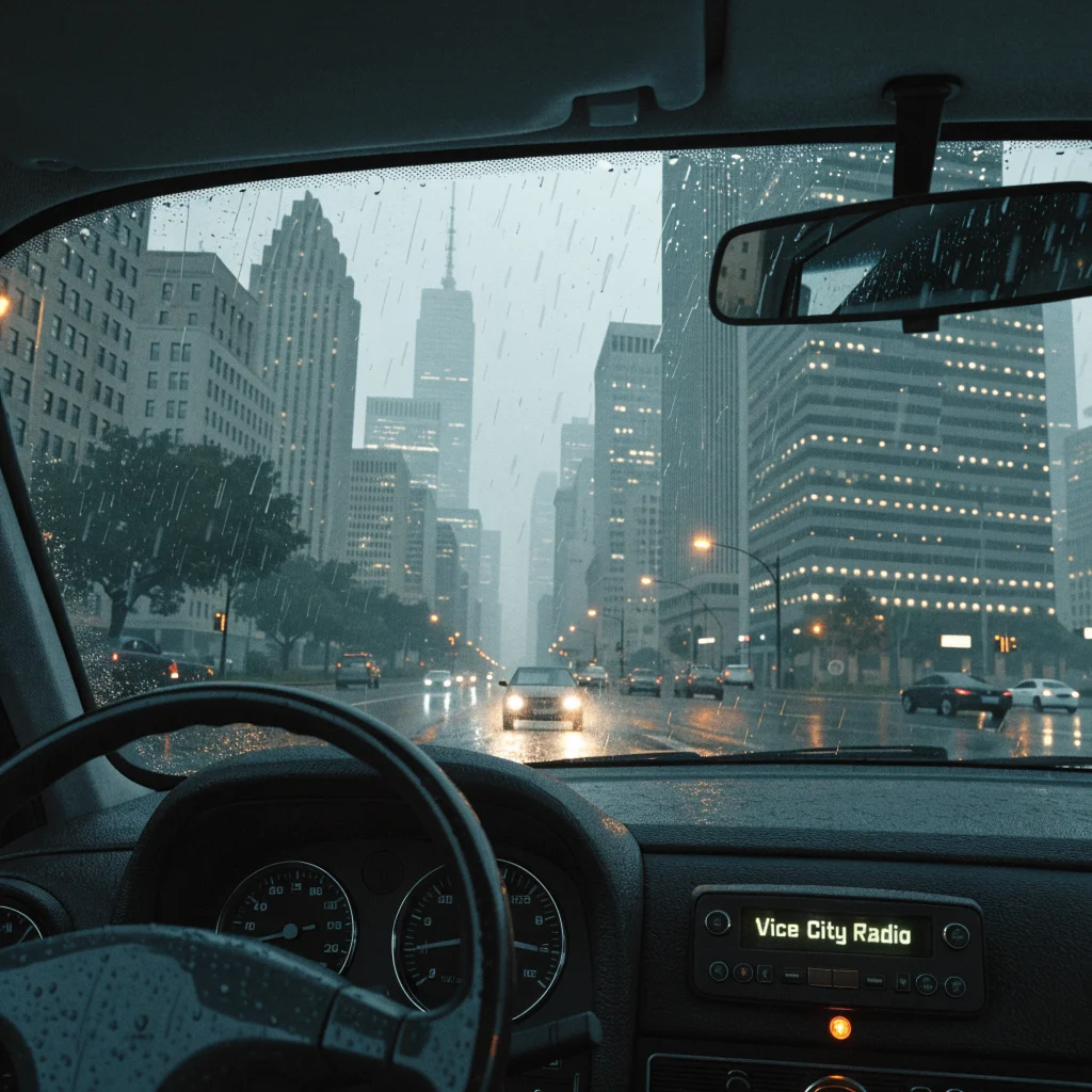 A realistic photo of a car dashboard playing classic GTA Vice City radio music, featuring a city skyline inspired by Rockstar Games' Grand Theft Auto 6.