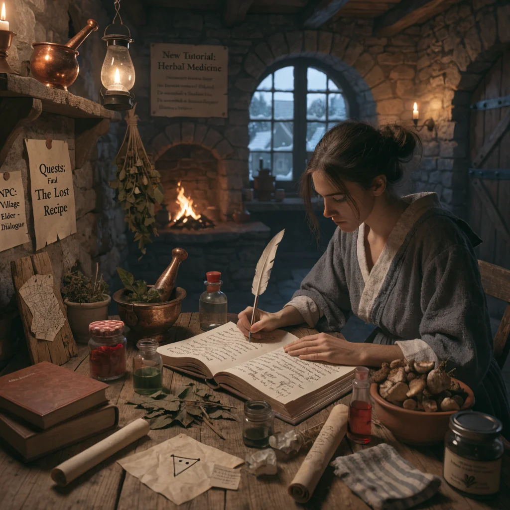 A player in a village roleplay game studying Latin and medicinal herbs while completing quests and tutorials in Dawnwalker Anca.