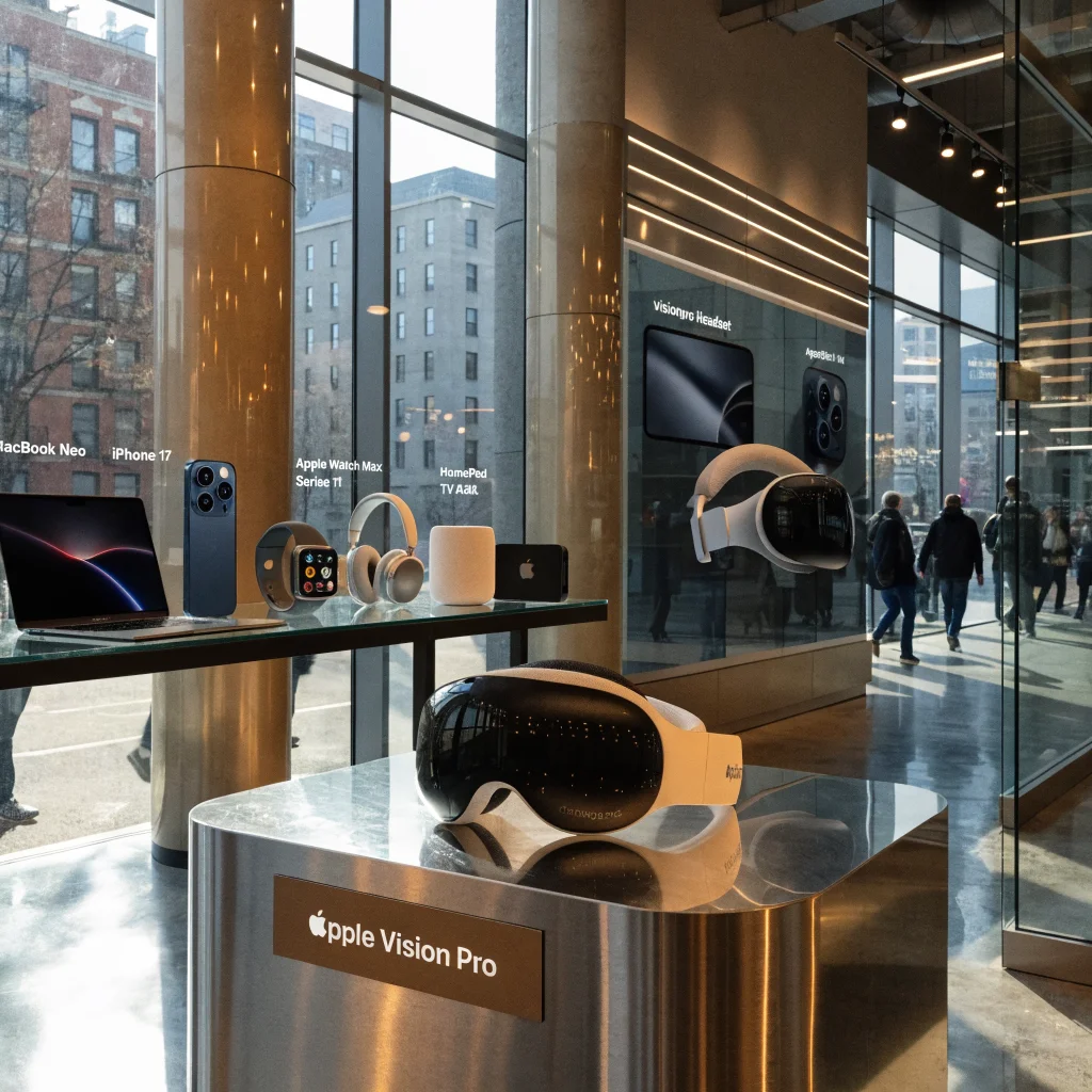 A modern Apple store showcasing the latest Apple Vision Pro headset alongside new MacBook Neo, iPhone 17, Apple Watch Series 11, AirPods Max, HomePod mini, and Apple TV 4K.