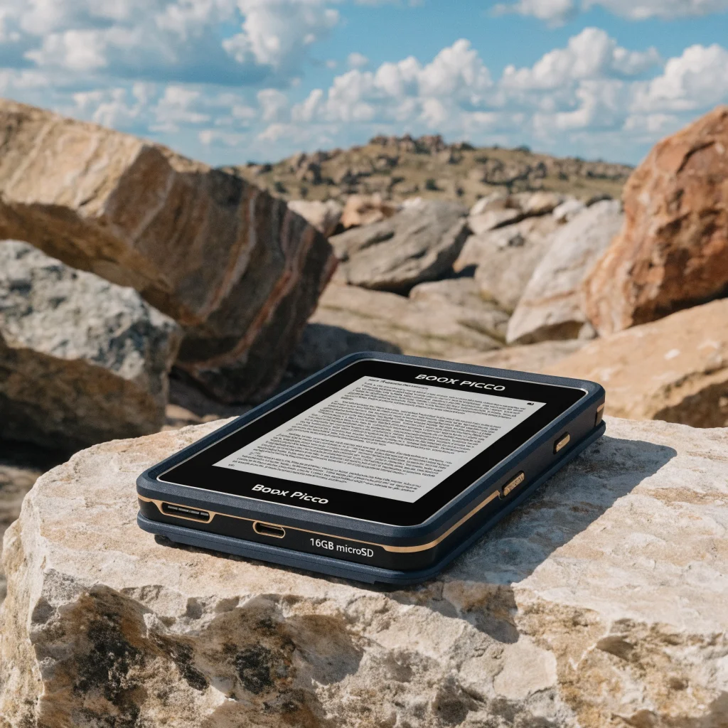 A slim Boox Picco ePaper digital reader with a 3.94-inch display, 16GB microSD storage, and magnetic phone case in a realistic photo.