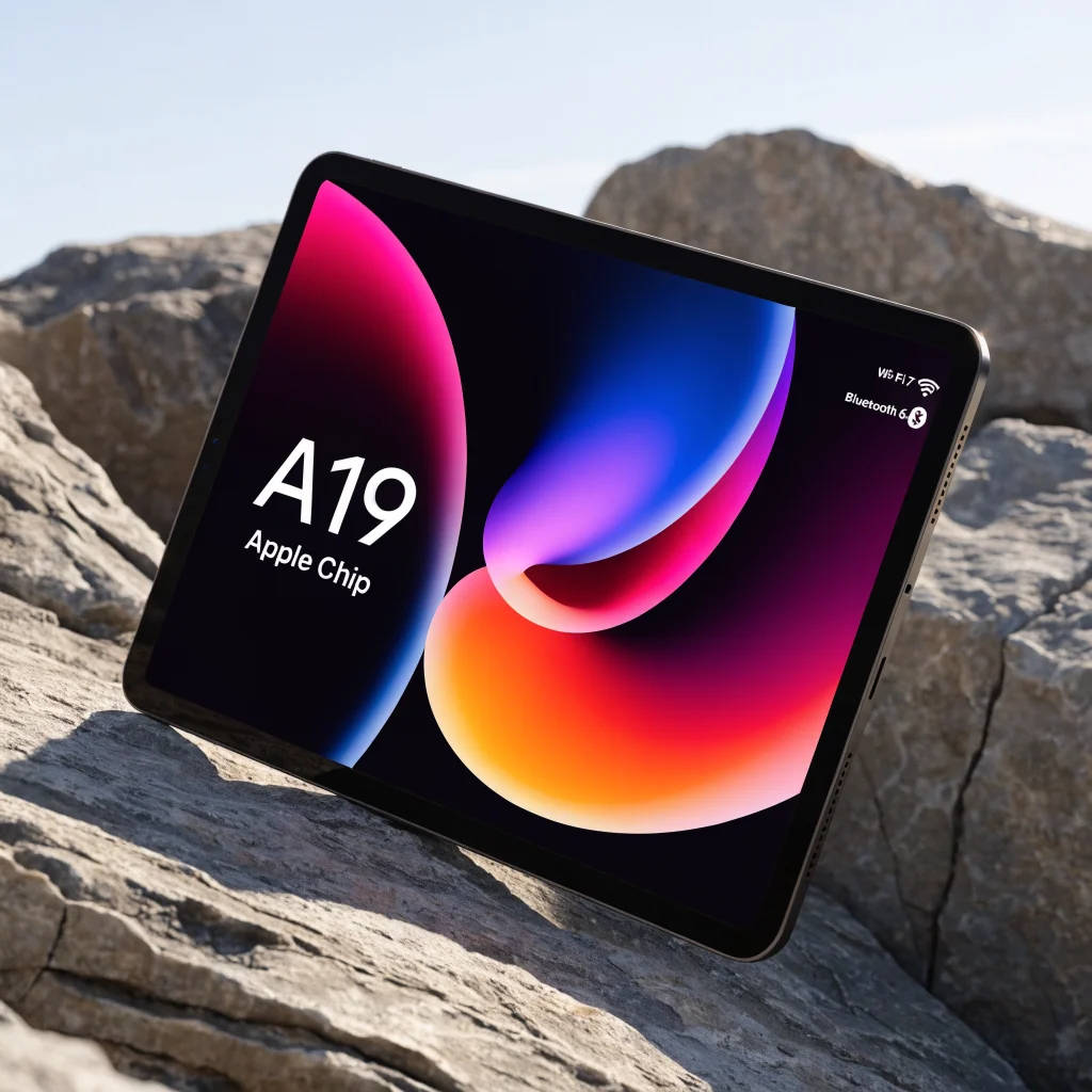 A close-up photo of a new iPad 12 featuring an Apple A19 chip with OLED mini Pro screen, showcasing advanced wireless connectivity icons like Wi-Fi 7 and Bluetooth 6.