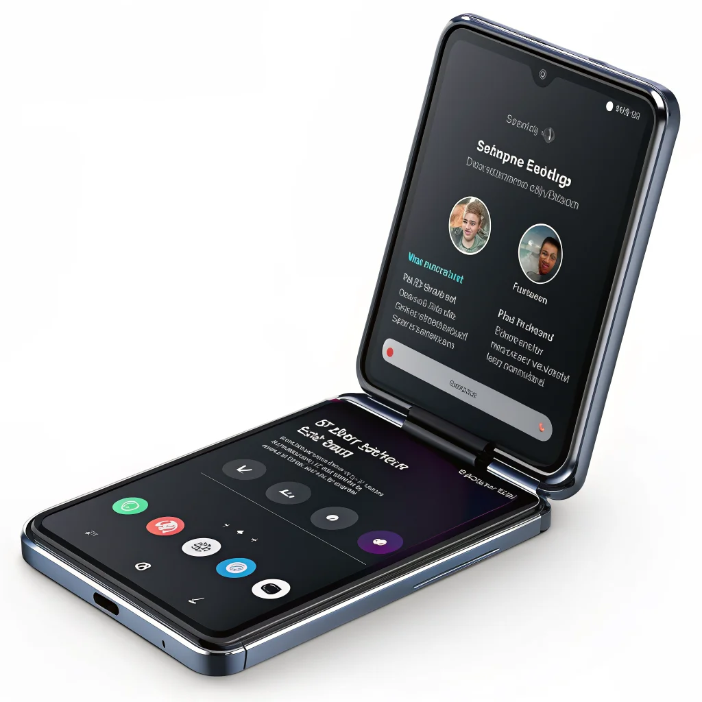 A realistic photo of a Samsung Galaxy Z Flip 7 smartphone displaying the upgraded Gemini digital assistant with multi-step voice commands and third-party app integration on the screen.