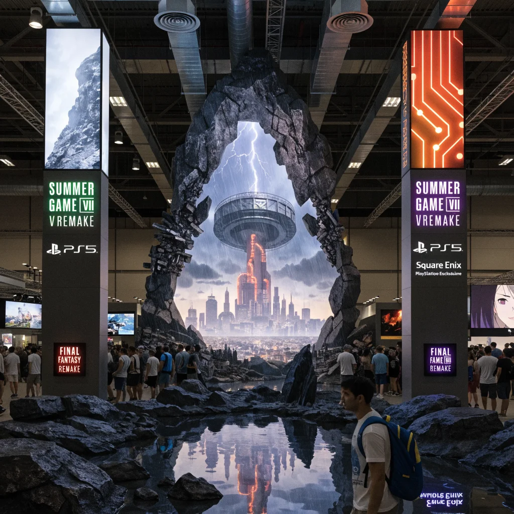 Realistic photo of a Final Fantasy 7 Remake game display at Summer Game Fest showcasing Midgar city artwork and Square Enix logos on PlayStation exclusive signage.