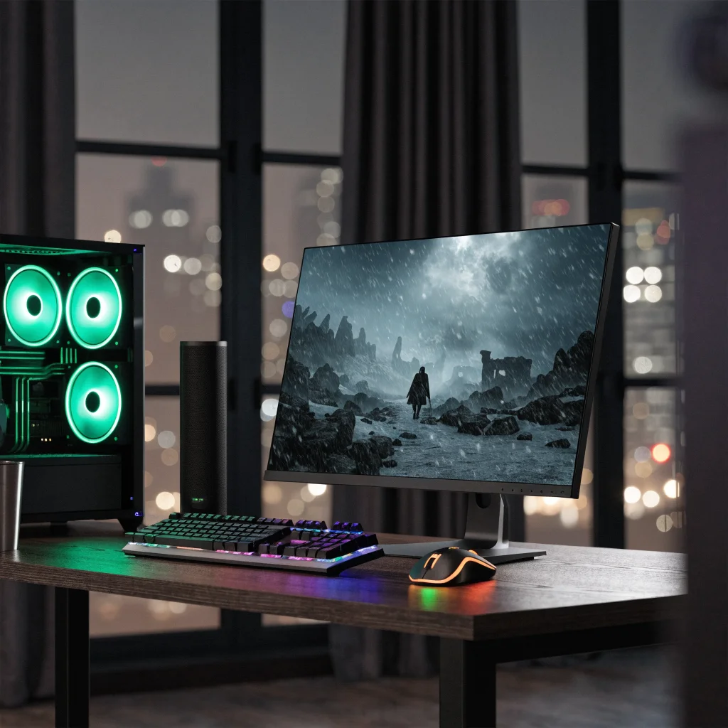 A realistic photo of a high-end gaming setup with The Witcher 3 Remastered displayed on a PC monitor, highlighting advanced lighting and RPG game elements.