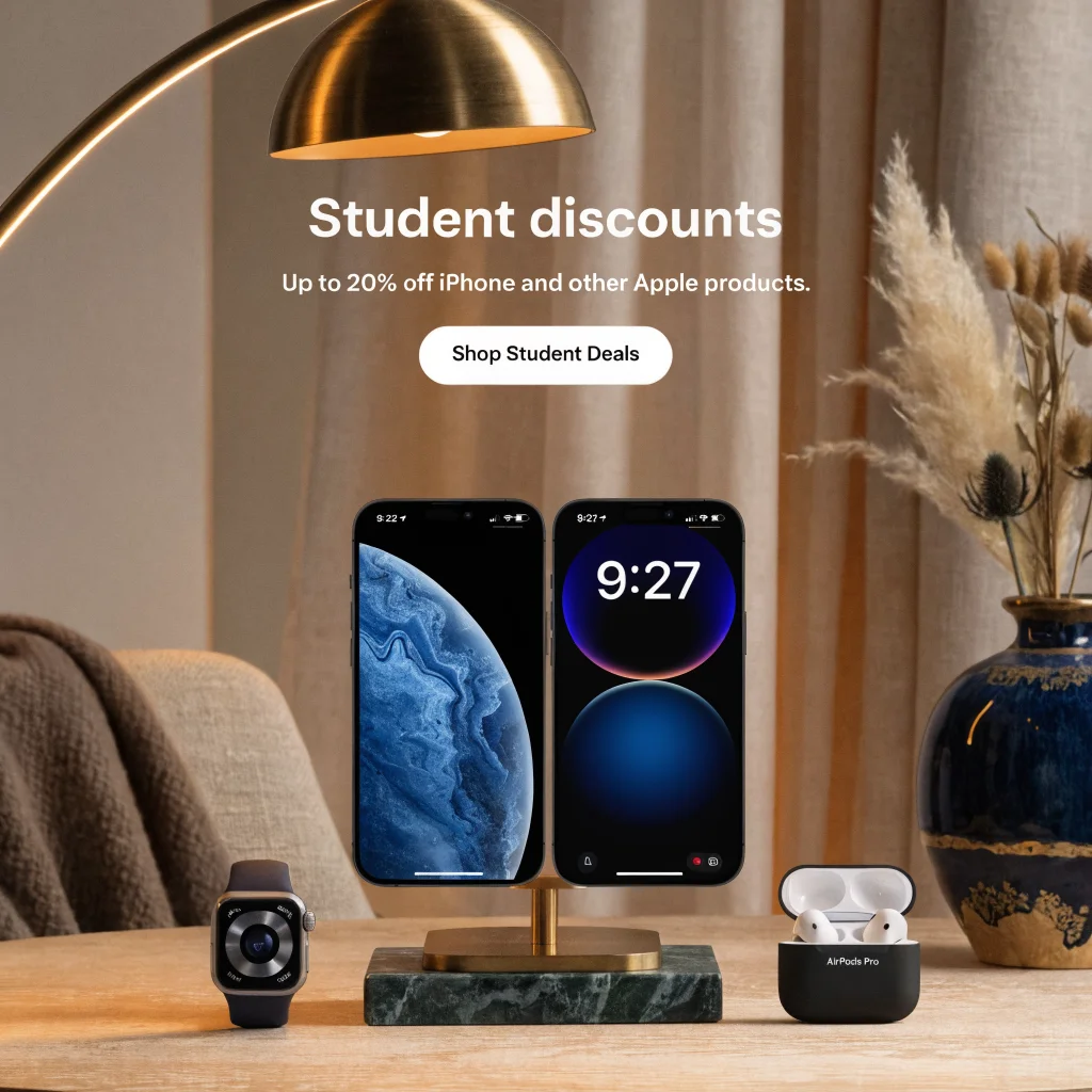 A realistic photo of the latest iPhone Duo in StandBy night mode next to Apple Watch Series 11 and AirPods Pro in a cozy tech setup promoting Apple student discounts.