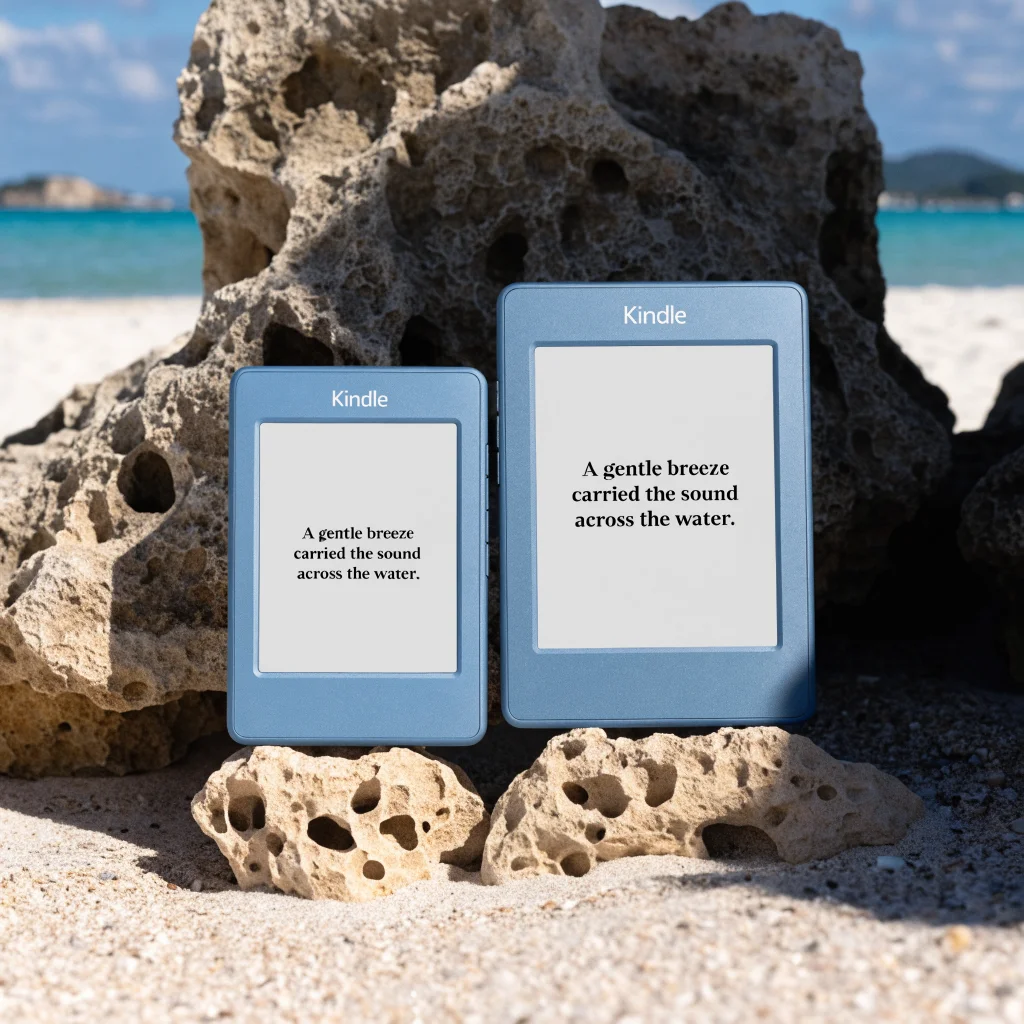 A realistic photo of the new 2024 Kindle e-reader in pastel colors, showing two different sizes with a sleek, updated design.