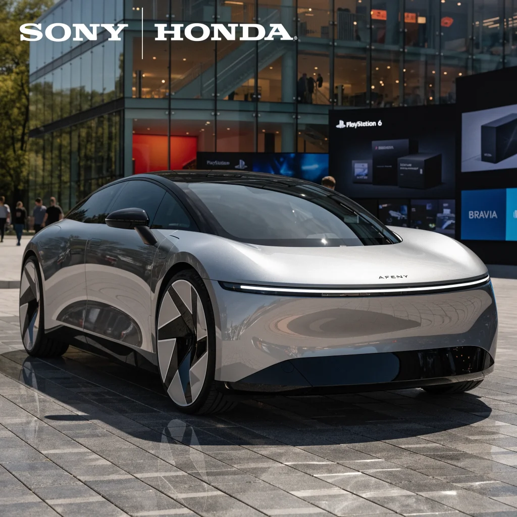 A professional photo of the Sony and Honda logos together next to the Afeela electric car concept at a tech event with PlayStation 6 and Bravia displays in the background.