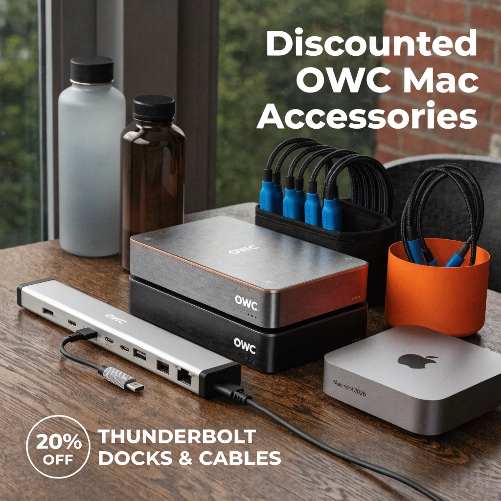 A realistic photo of discounted OWC Mac accessories including Thunderbolt docks, USB-C cables, external drives, and Mac mini 2026 displayed on a modern desk.
