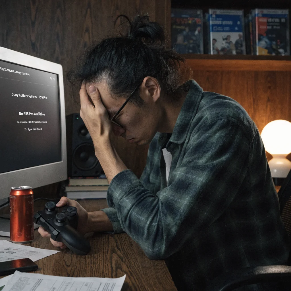 A realistic photo of a Japanese gamer frustrated with limited PS5 Pro availability, holding a PlayStation controller near a Sony lottery system screen.