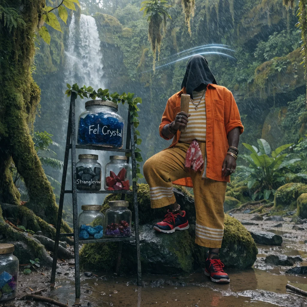 A realistic photo of a black market NPC in WoW's Riverglades zone showcasing rare crafting items like Fel Crystal and Stranglevine with a movement speed buff effect.