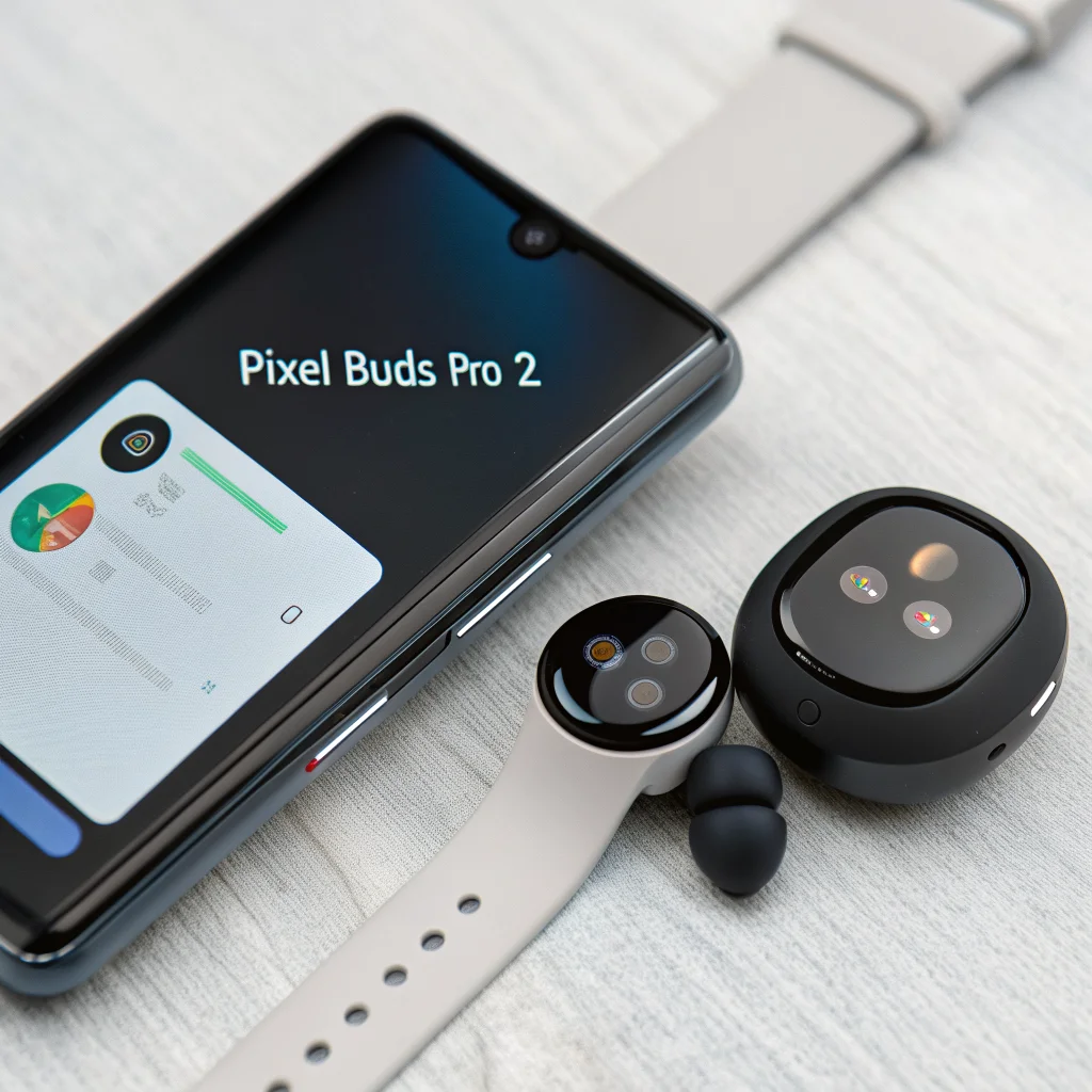 Close-up of Pixel Buds Pro 2 earbuds with a smartphone displaying the latest update screen, highlighting sound settings and Pixel Watch integration features.