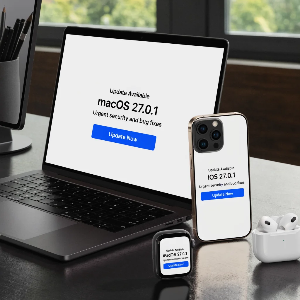 A close-up of a MacBook Neo, iPhone 17, Apple Watch Series 11, Apple Studio Display, and AirPods Pro displaying update notifications for macOS, iOS, and iPadOS 27.0.1 urgent bug fixes.