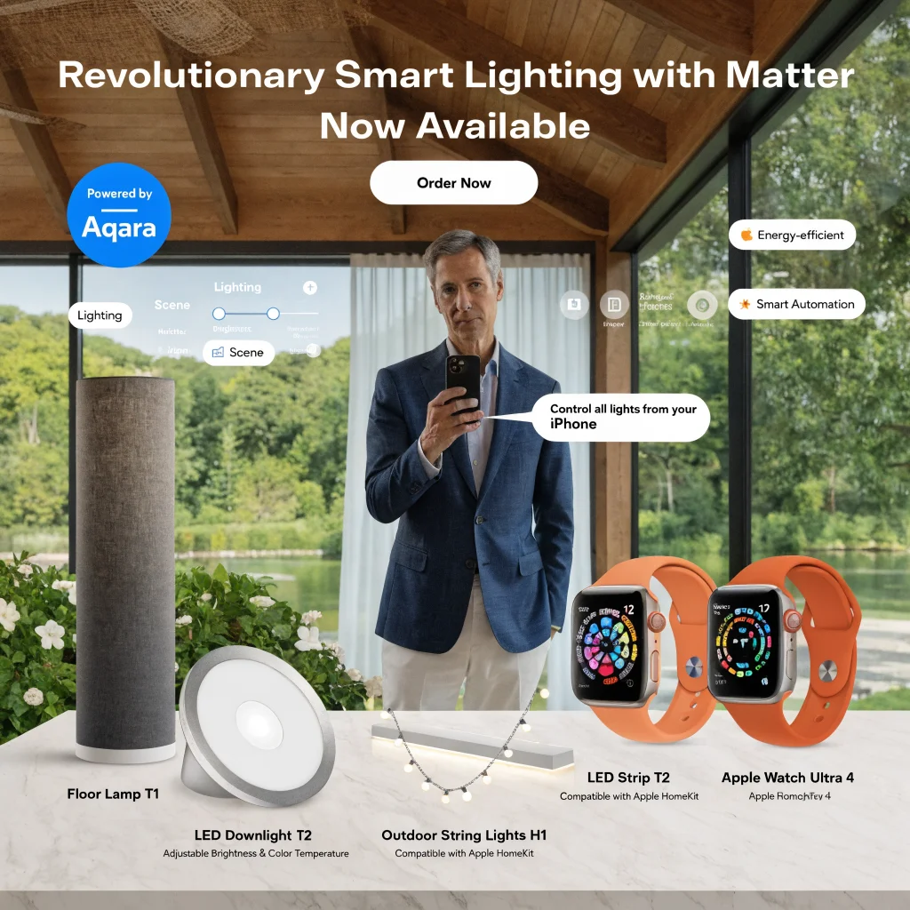 John Ternus, Apple CEO, presents Aqara Matter smart lights including Floor Lamp T1, LED Downlight T2, LED Strip T2, Outdoor String Lights H1, alongside Apple Watch Series 12 and Apple Watch Ultra 4.