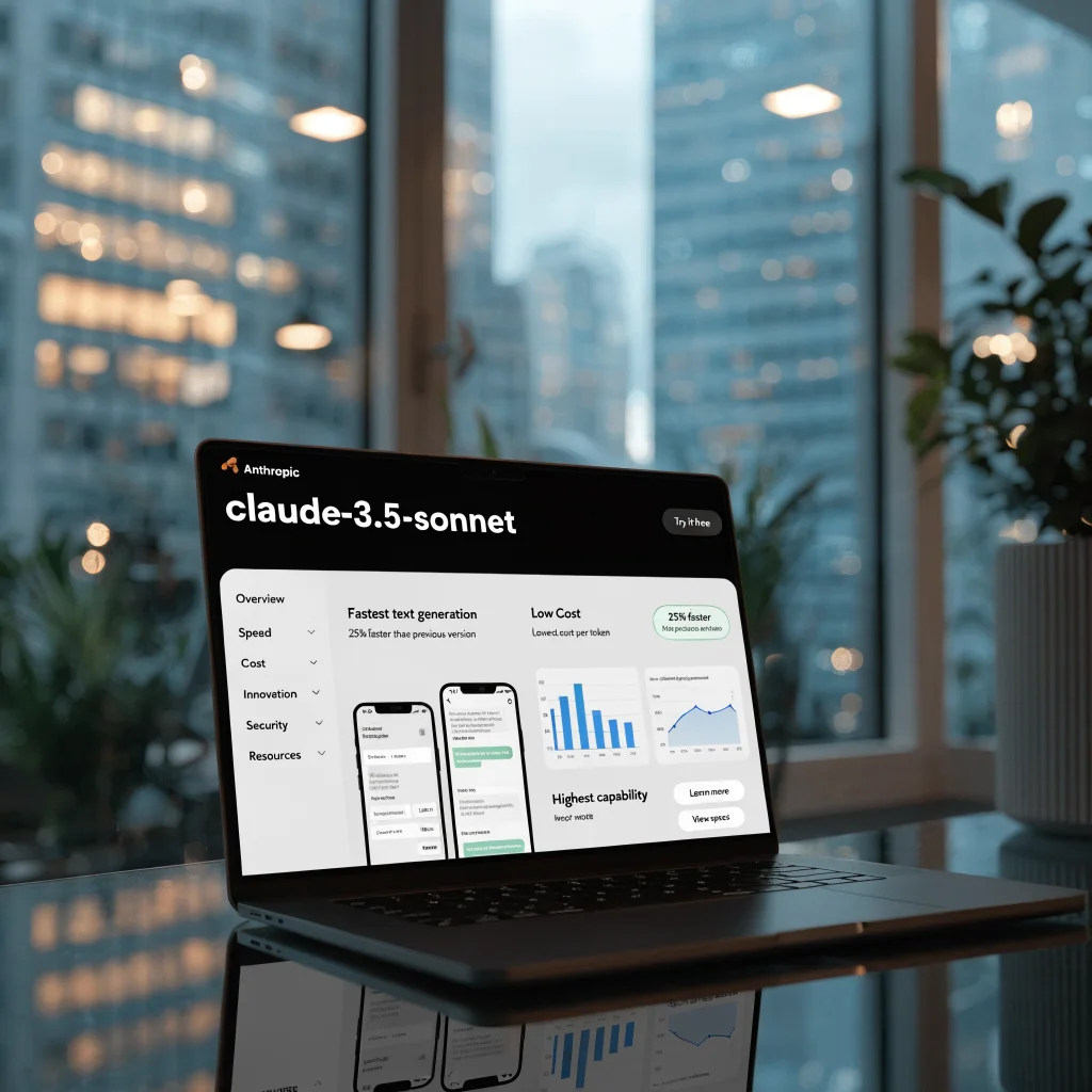 A sleek modern computer displaying Anthropic's latest AI language model interface, showcasing speed, low cost, and innovative performance metrics.