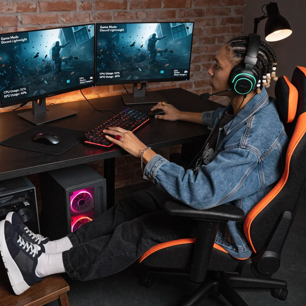 A realistic photo of a computer gaming setup showing Discord's lightweight mode active, highlighting reduced CPU and GPU usage with a "Game Mode" overlay on screen.
