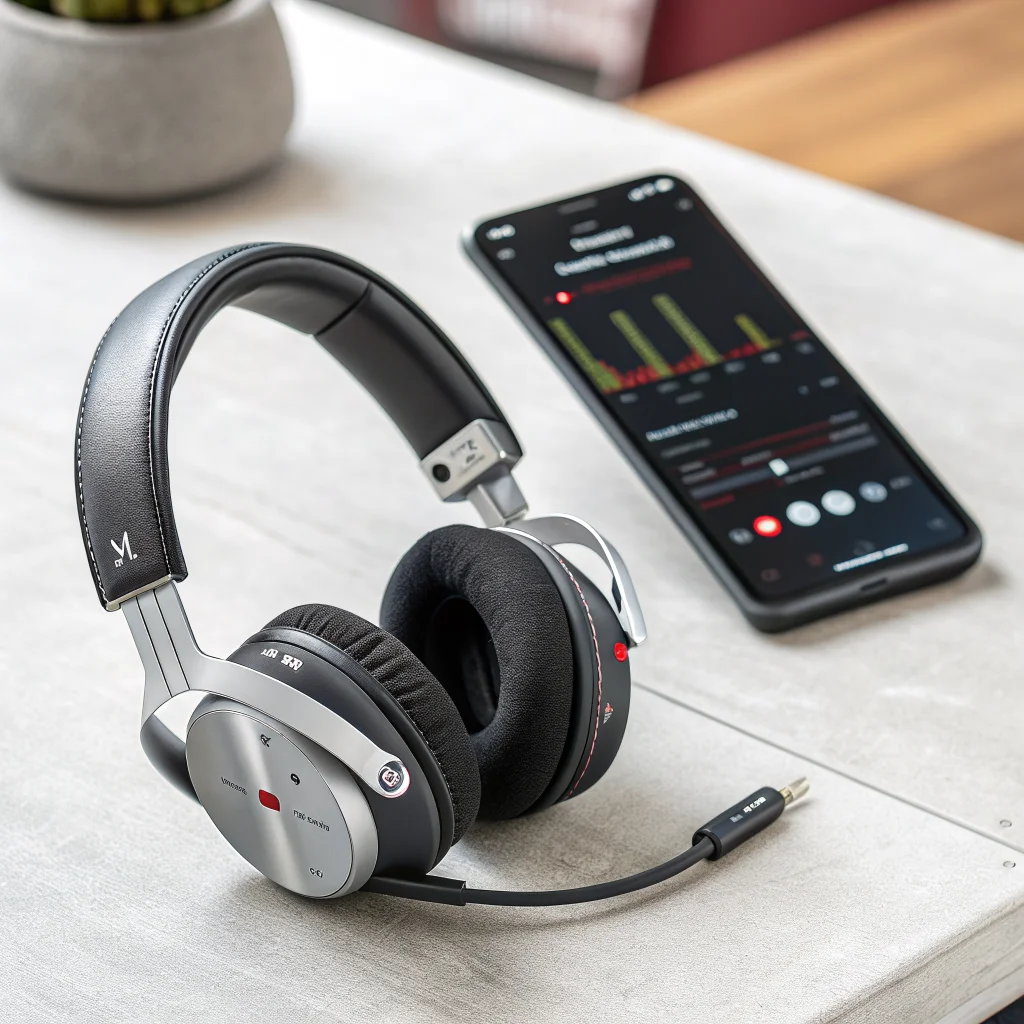A realistic photo of Nothing Headphone 1 Pro with triple audio drivers, active noise cancellation, aluminum build, IP52 water resistance, and a smartphone displaying Nothing X app EQ profiles.