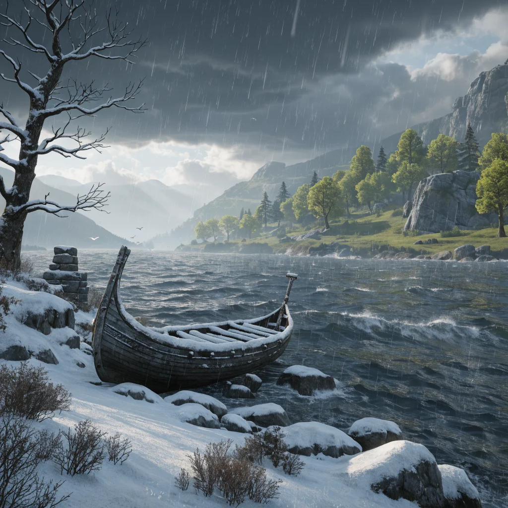 A realistic in-game screenshot from Valheim showing dynamic seasons and weather changes like snowy winter and lush spring, enhanced by the Shudnal seasons mod for improved survival gameplay.