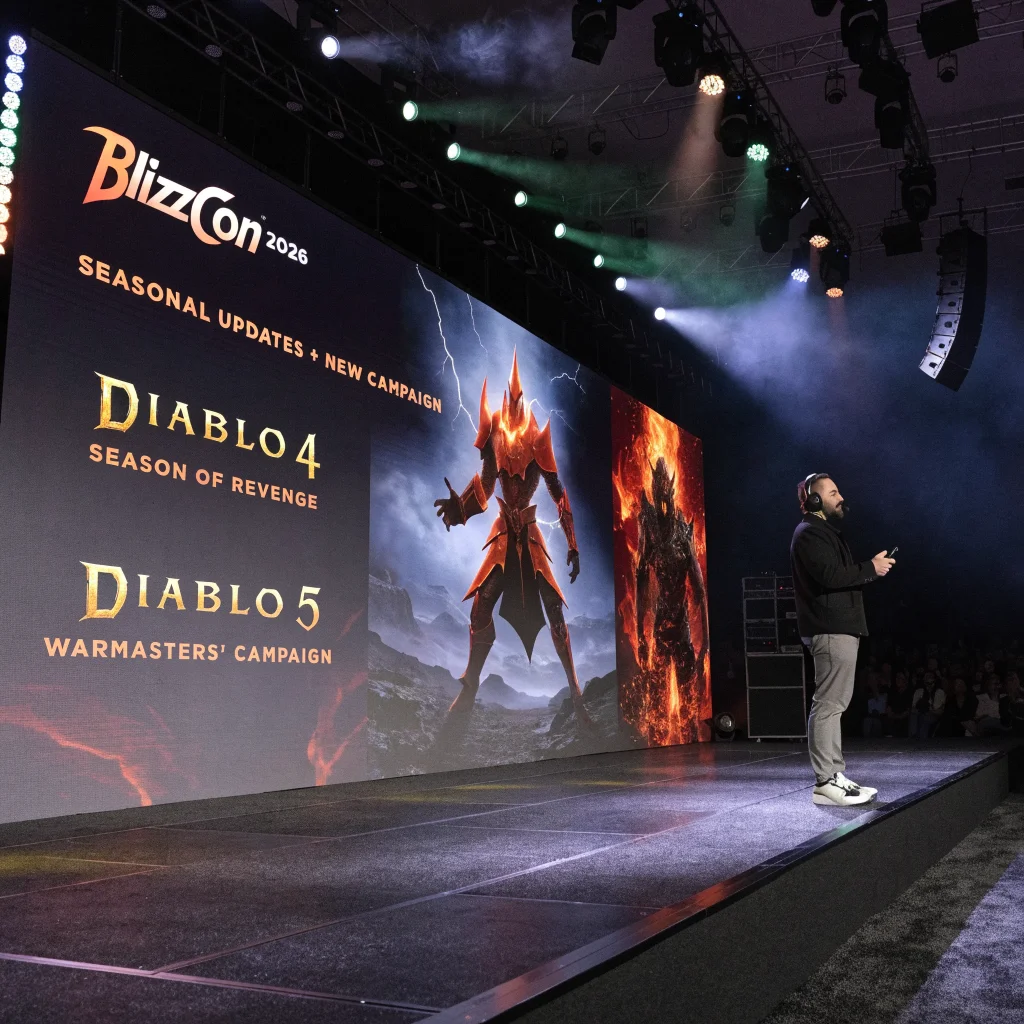 A professional game developer presenting Blizzard's seasonal updates and new campaign plans for Diablo 4 and Diablo 5 at BlizzCon 2026.