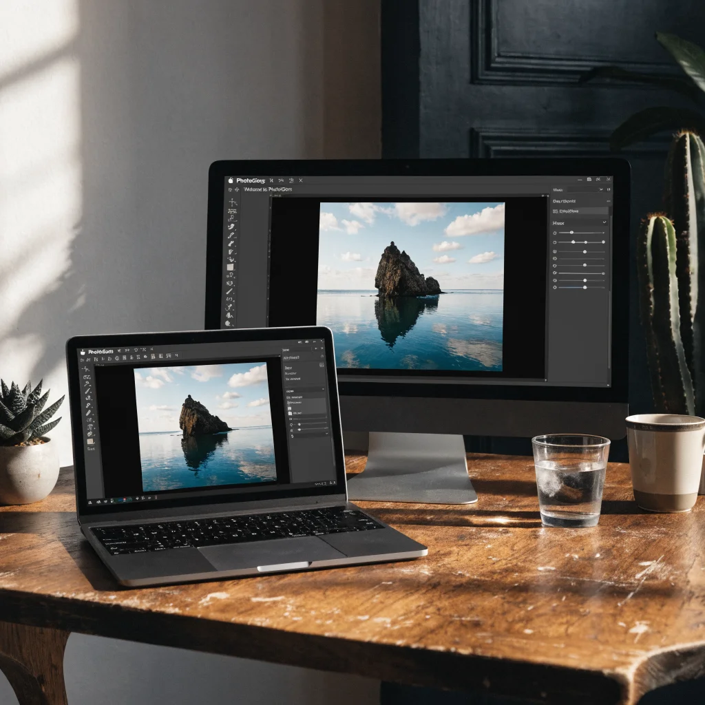 A realistic photo of a MacBook and iMac displaying PhotoGimp software interface as an alternative to Photoshop on Apple products in 2026.