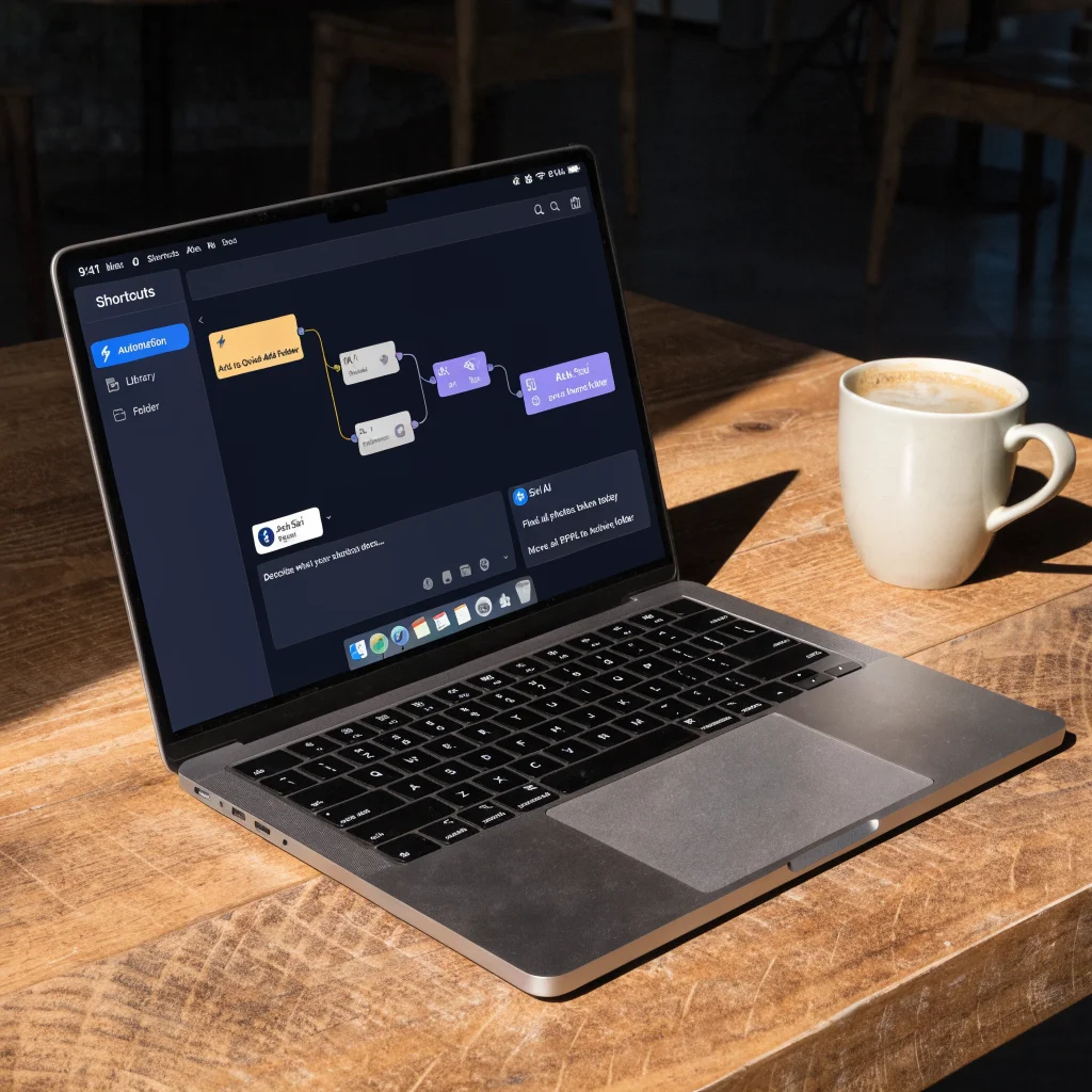 A close-up photo of a MacBook running macOS 27 Golden Gate, showcasing the Shortcuts app with automated workflows managing files and Siri AI integration.