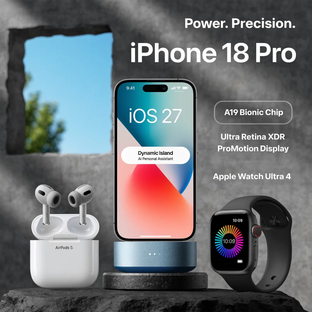A sleek, modern iPhone 18 Pro on a Duo StandBy dock displaying iOS 27 features next to AirPods 5 and Apple Watch Ultra 4 at the 2026 Apple event.