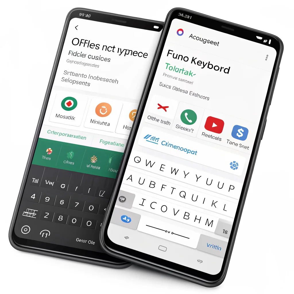 A realistic photo of a smartphone screen showing Gboard and FUTO Keyboard apps with offline Greek voice typing and multilingual keyboard switching options.