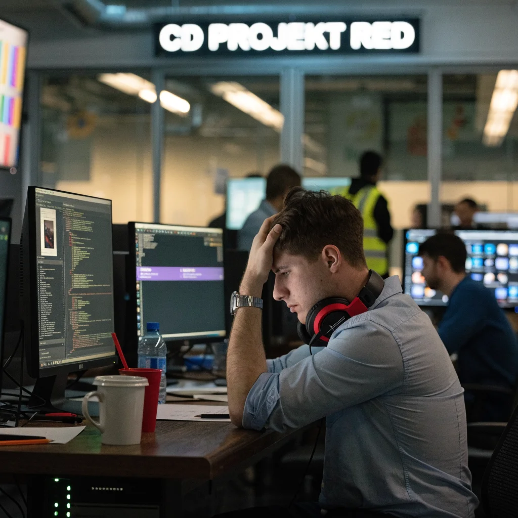 A developer at CD Projekt Red troubleshooting launch issues during the Cyberpunk 2077 Phantom Liberty RPG expansion release in 2023.