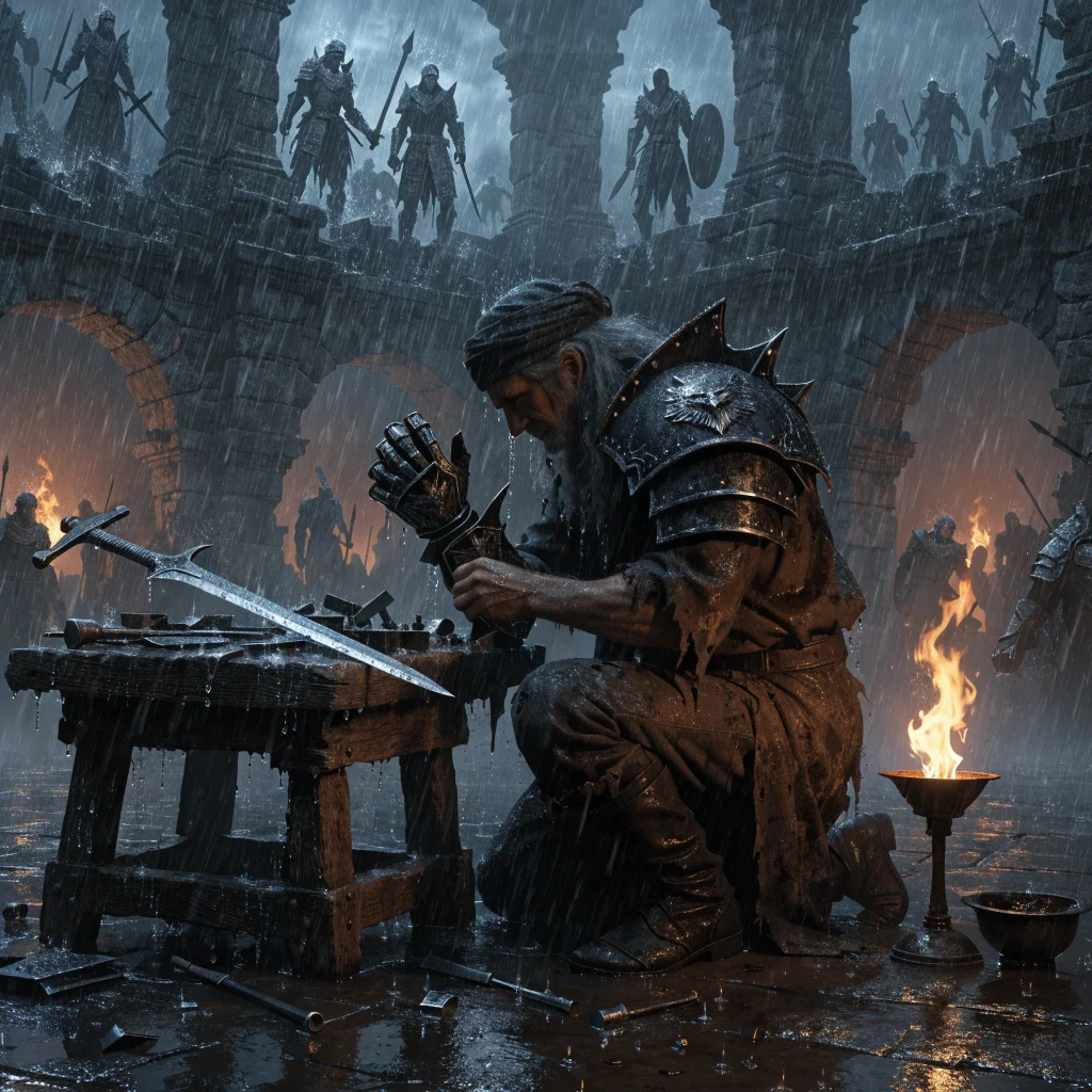A skilled armorer upgrading the detailed Wolven armor and steel sword at Kaer Mohern in The Witcher 3, with ghostly battle spirits in the background.