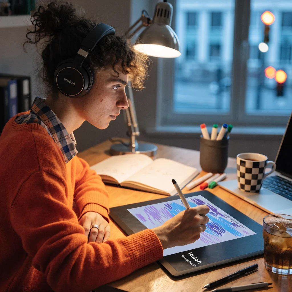 A realistic photo of an artist using the Huion Kamvas Pad 12 digital drawing tablet to create professional digital artwork on a desk.